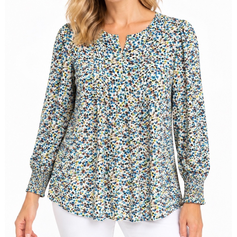 Jane and Delancey Floral Pintuck Blouse Women Large Blue White Rayon Button Down